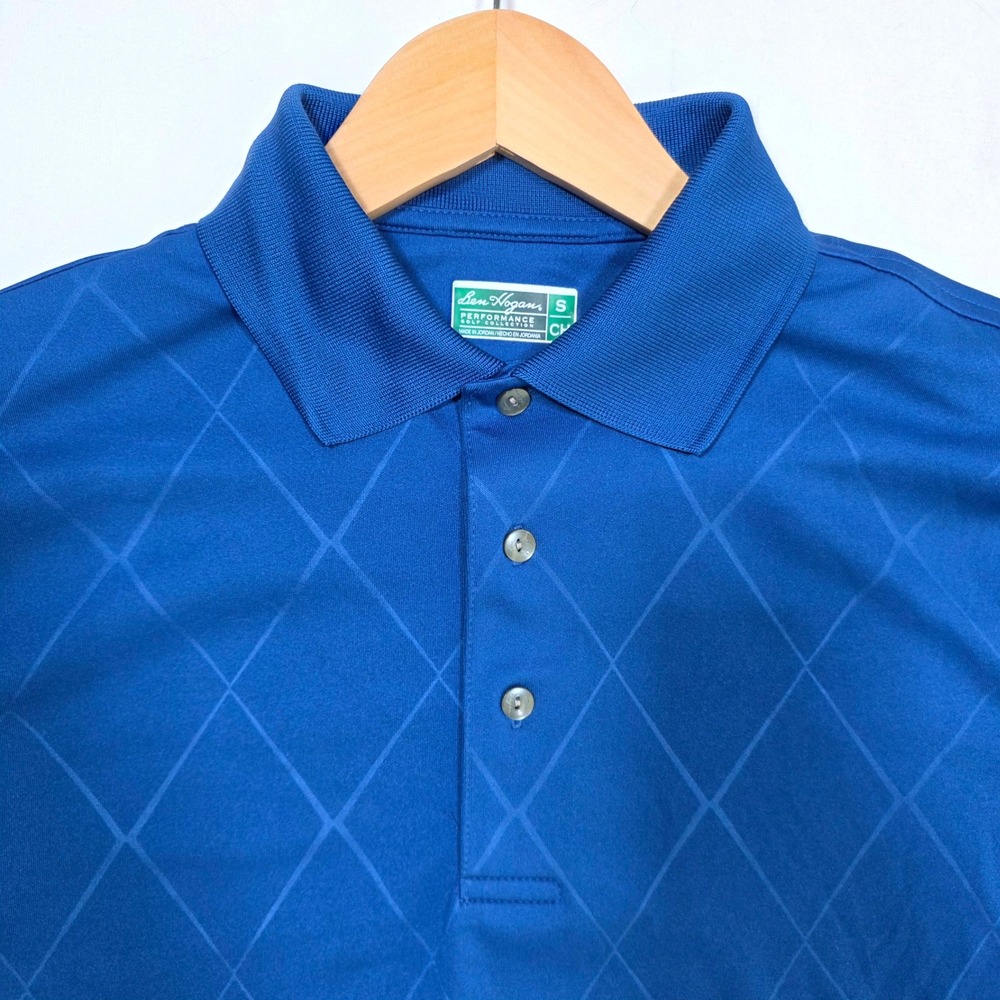 Ben Hogan Polo Shirt Mens S Blue Diamond Grid Performance Golf Collection Top
